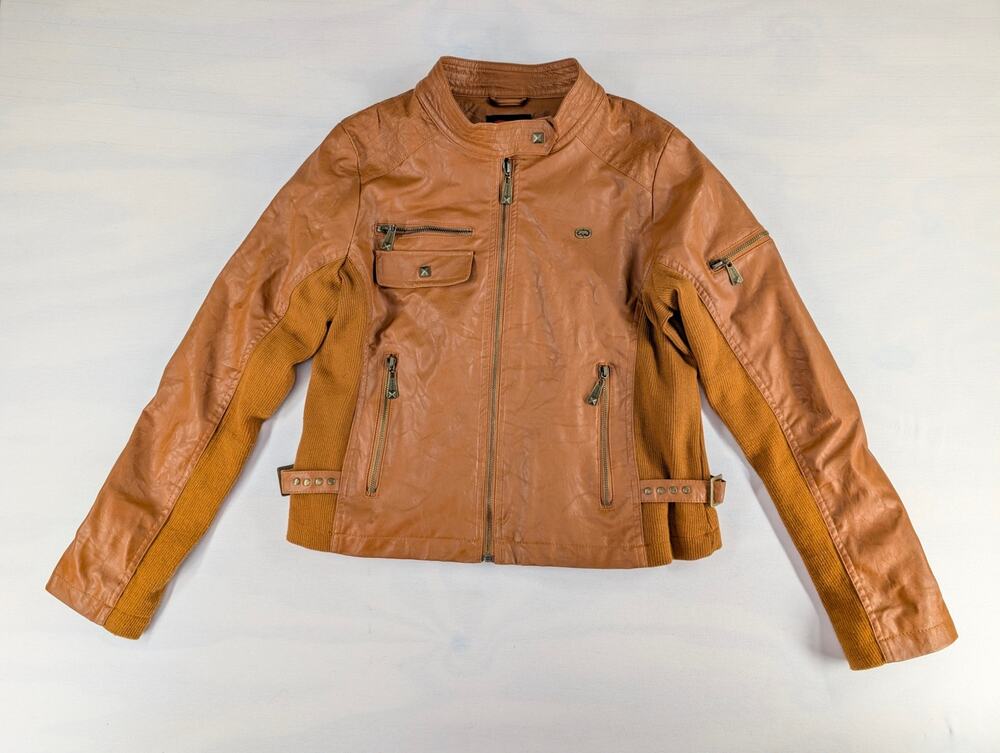 Vtg Y2K Ecko Red faux leather moto jacket women Large brown zipper pockets edgy